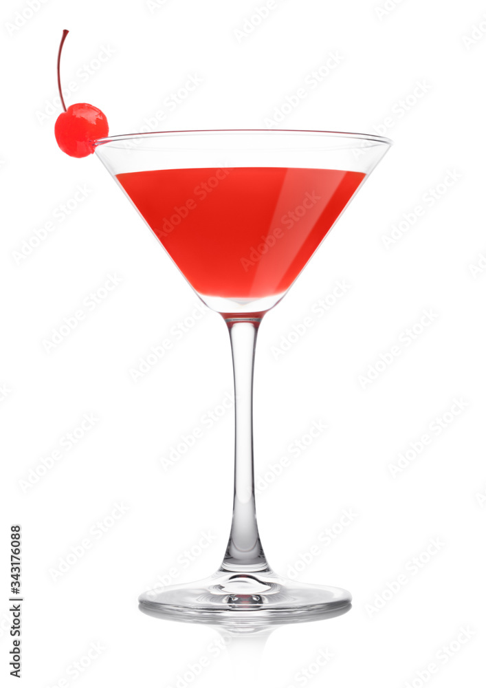 Cosmopolitan cocktail in classic crystal glass with pink cherry on white.
