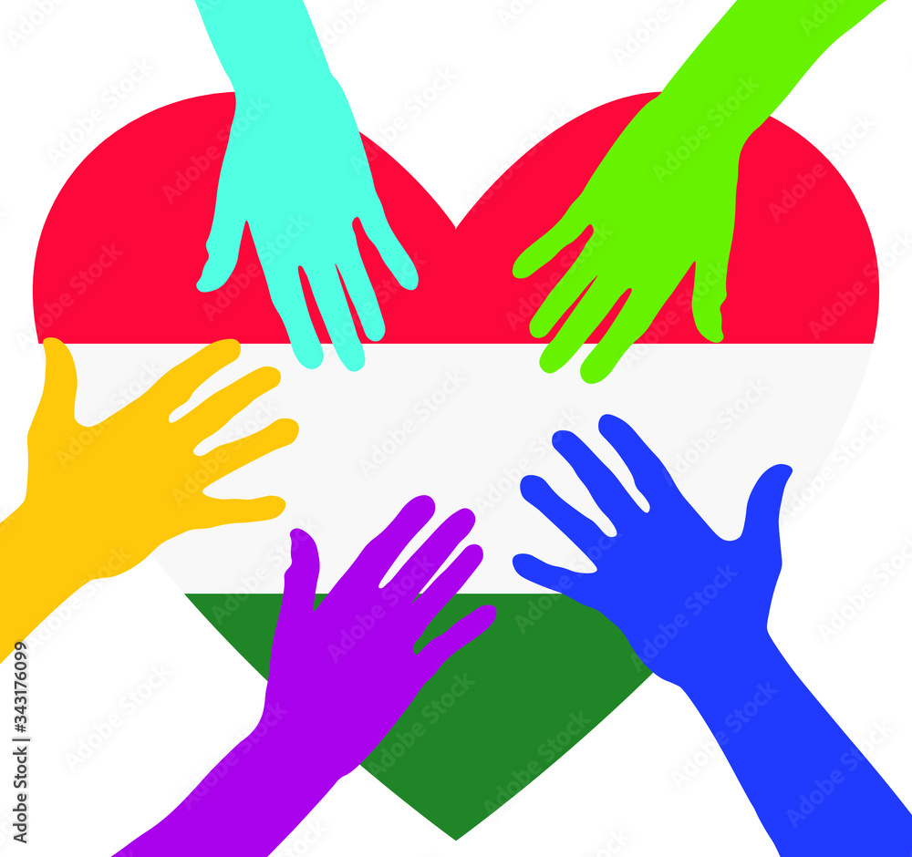 Care and charity concept - hands on the Hungary Flag Heart. Patriotic concept. People raising their hands to become volunteers.