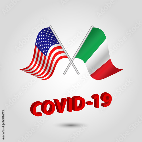 vector set two waving crossed flags of usa and italy on silver pole – american and italian icon with red 3d text title coronavirus covid-19