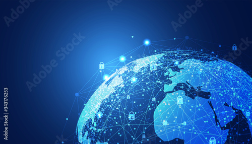 Abstract technology cyber security privacy world protect information network concept padlock protection digital network internet link on hi tech blue future background