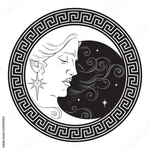 Crescent moon in antique style hand drawn line art boho chic art tattoo, poster, altar veil, tapestry or fabric print design vector illustration.