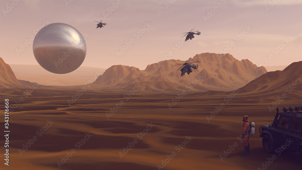Large Alien Silver Spheres Floating above Arid Mountain Desert with ...