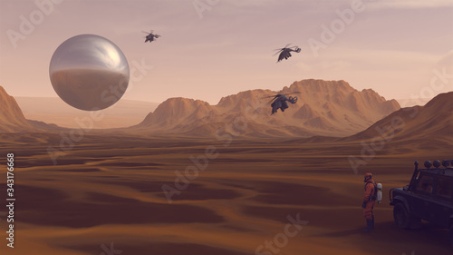 Large Alien Silver Spheres Floating above Arid Mountain Desert with Sediment Mudflat and Sci-Fi Helicopters with Person in a Hazmat Suit Observing it
