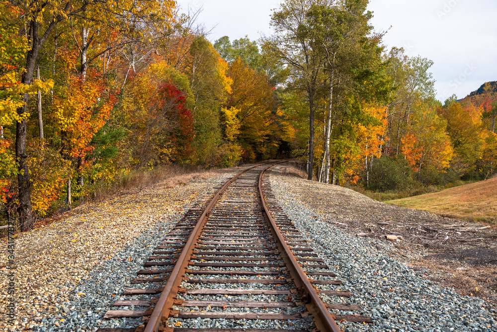 Beautiful autumnal trees along a deserted railway track at sunset Beautiful autumnal trees along a deserted railway track at sunset