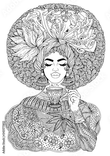 Vector African women with magnificent curly afro retro hairstyle, decorated with a scarf and flower. Attractive fashion model in a patterned blouse holds a mug hot drink with eyes closed coloring page