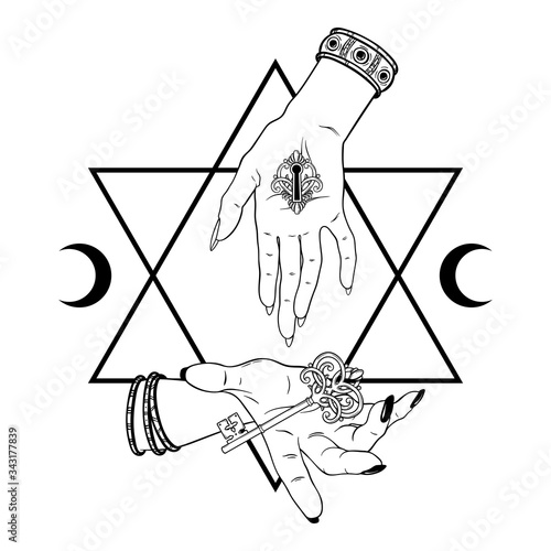 Two witch hands with key and lock over the six pointed star line art boho chic tattoo, poster, tapestry or altar veil print design vector illustration.