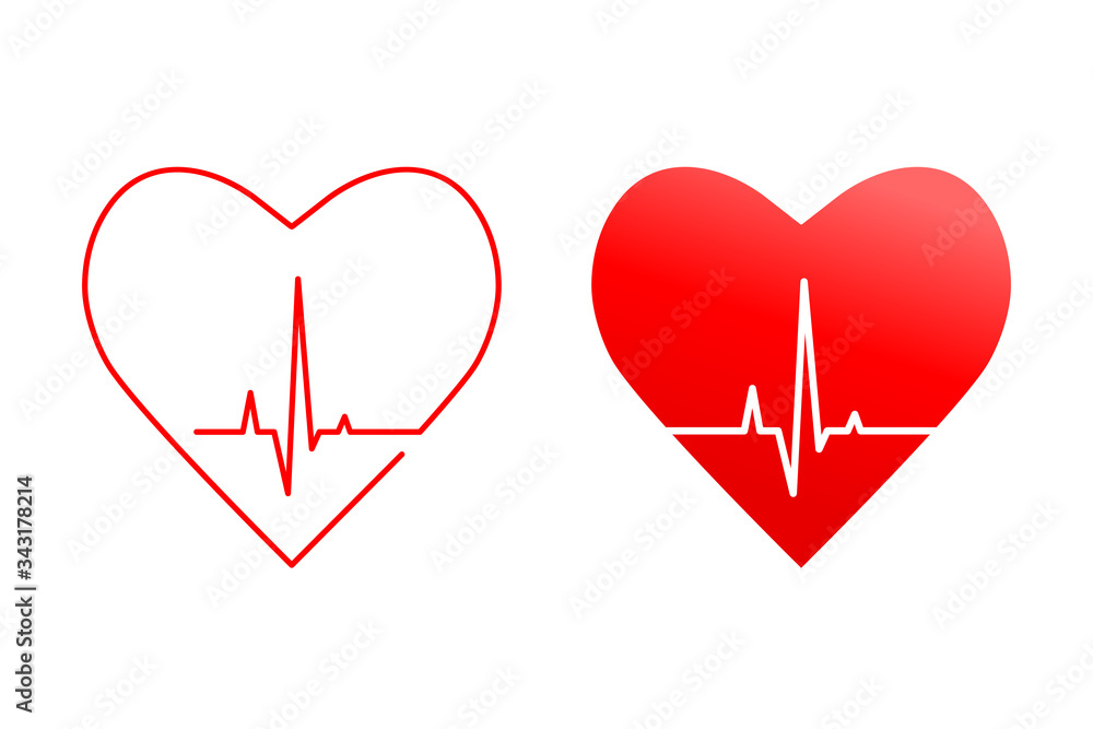 Heart and heartbeat or heart rate line concept. Silhouette and outline icons with red pulse, wave and life signal as healthy medical condition symbol.