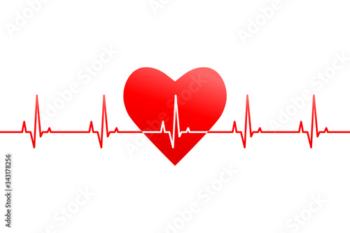 Red heart shape with heartbeat and rate or pulse line as banner, header or design element. Vector illustration isolated on white background.