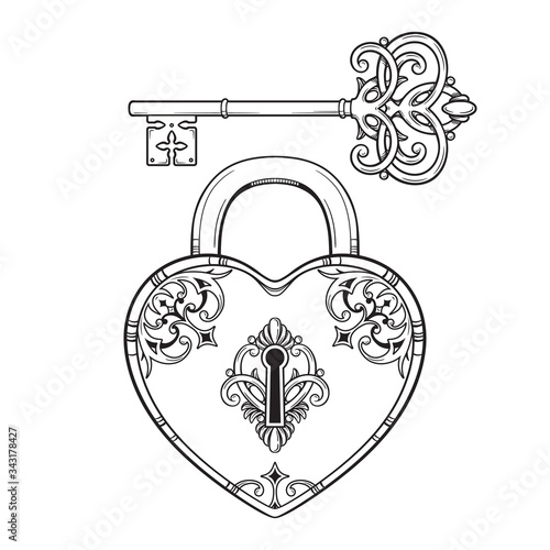 Key and heart shaped padlock in vintage style coloring book page for kids and adults hand drawn line art print or tattoo design vector illustration.