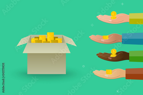 Cardboard box with coins and diverse people giving money as crowdfunding, fundraising, donation or financial help concept. Vector illustration in flat design.