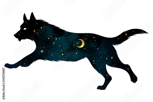 Silhouette of wolf with crescent moon and stars isolated. Sticker, print or tattoo design vector illustration. Pagan totem, wiccan familiar spirit art