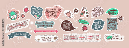 Covid-19. A set of vector illustrations about coronavirus. Stickers and graphic elements.