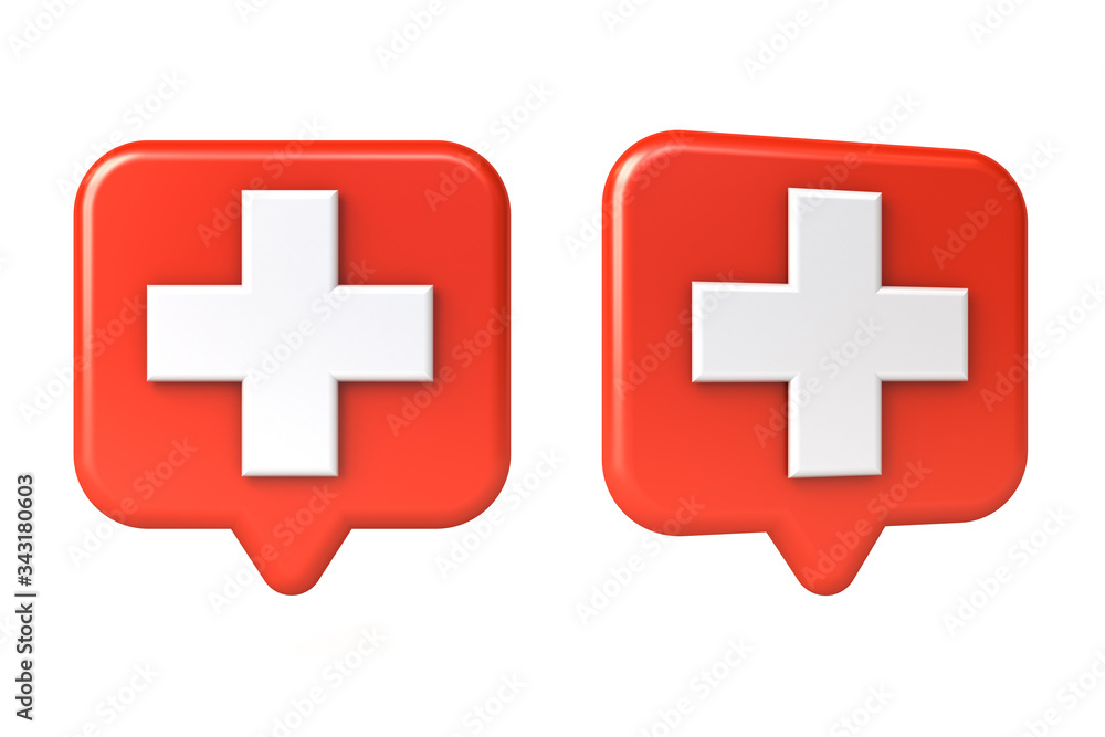 Medical cross or white plus sign in red rounded square speech bubble pin isolated on white background 3D rendering Medical cross or white plus sign in red rounded square speech bubble pin isolated on white background 3D rendering