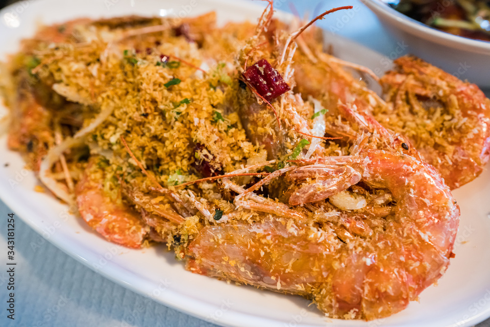 Deep fried crispy shrimp with  salt and garlic - close up