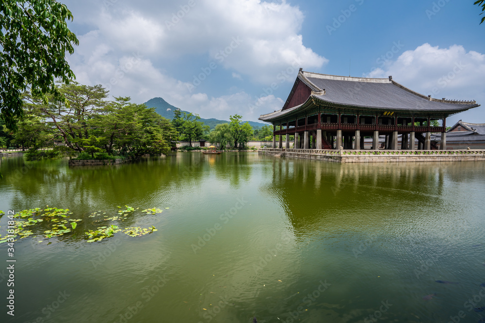 Beautiful view of Gyeonghoeru Pavilion and pond in Gyeongbokgung palace, Seoul, South Korea