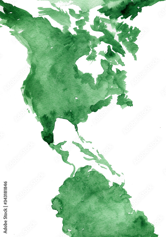 Abstract watercolor green map of north america