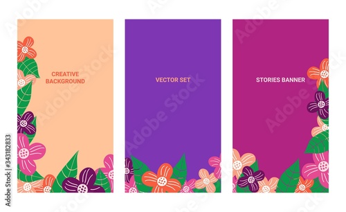 Social media banners set  flowers and leaves  floral backgrounds with copy space for text  vector templates.
