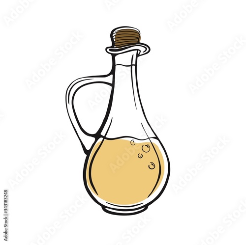Hand-drawn olive oil bottle isolated on a white background. Extra virgin olive oil. Vintage style. Vector illustration in Doodle style