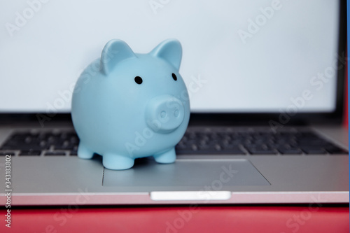 Laptop device and money box piggy in the pink room