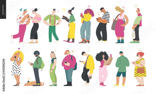 Waiting in line - modern flat vector concept illustration of a young men a women standing in line with smartphones, talking to each other. Multicultural, multilingual people, diversity concept