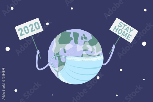 Earth in a medical mask asks to stay home. Planet trying to warn people. Coronavirus or quarantine concept. Flat style vector illustration.