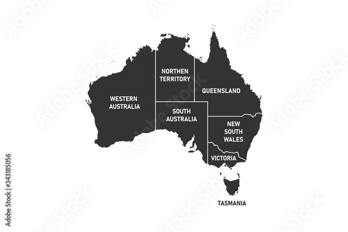 Australia map divided by regions and territories. Black mapof Australian continent and Tasmania island. Vector illustration isolated on white backgroun.