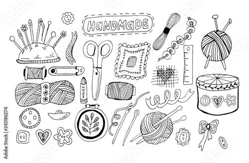 Embroidery and cross stitch kit icons Set: tambour, scissors, floss, thread, needles, yarn. Handmade tools doodles collection. Black and white vector illustration of hobby.