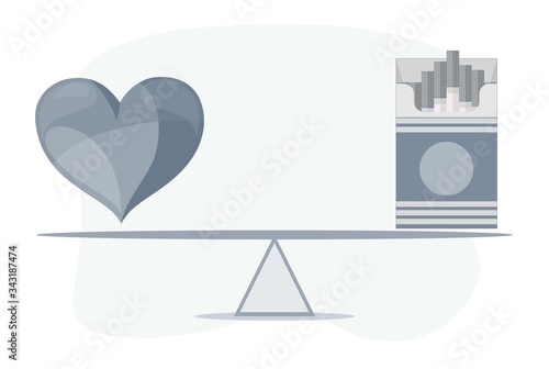Heart and cigarette on seesaw. No smoke concept. Vector flat design illustration.
