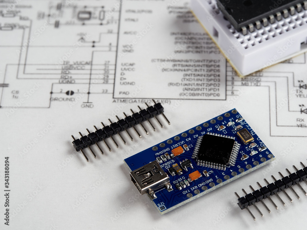 Electronics and microprocessor.Electronic DIY project Arduino.Drawing on a light background.Do it yourself.Programming and training.