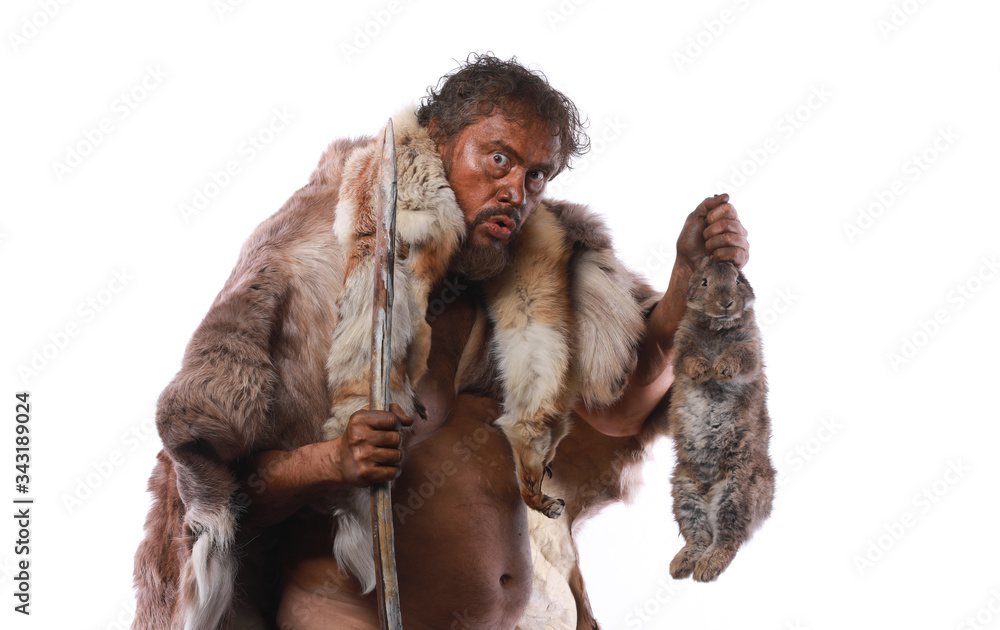 Neanderthal man, Ice Age, caveman with a hare Neanderthal man, Ice Age, caveman with a hare