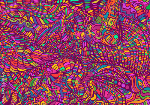 Psychedelic colorful surreal doodle pattern. Rainbow colors abstract pattern, maze of ornaments.