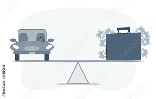 Car, Auto loan or transforming assets into cash concept. Car model, US dollar notes in suitcase on simple balance scale, depicts car owner or borrower turns personal properties into cash or wealth.