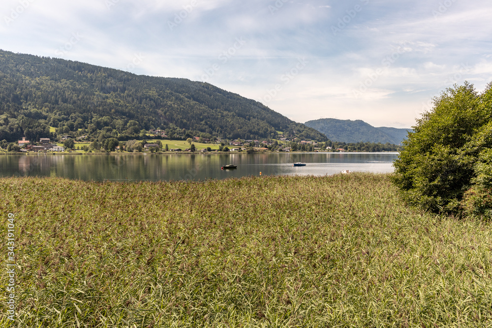 View from the Europe protected area of ​​the Bleistätter Moor at the Triebelmünd in the Ossiacher See Austrian Alps