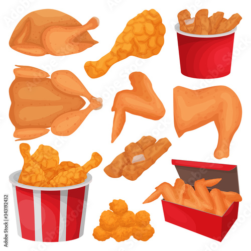 Fried chicken isolated cartoon set icon. Vector illustration crispy wing on white background. Vector cartoon set icon fried chicken .