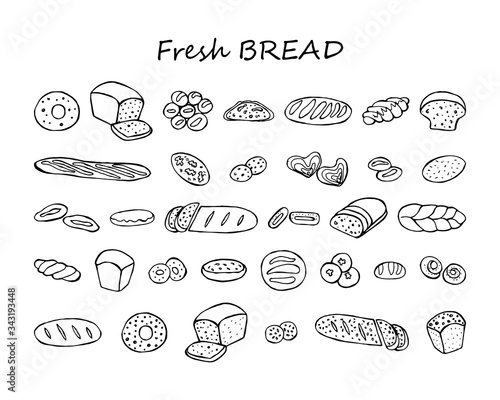 Bread and bakery products set. Monochrome isolated vector illustration is hand-drawn. Vector 10 EPS.