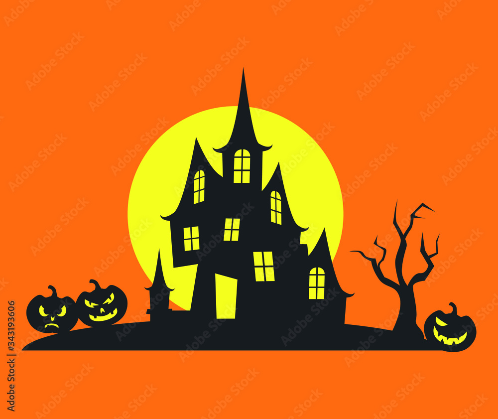 Fairytale horror castle on the background of the moon.Flying bats, silhouette for design for the holiday of Halloween.