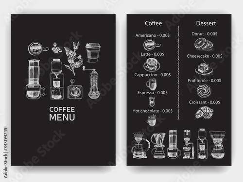 Illustration with an alternative way of brewing coffee. Alternative coffee brewing methods sketch.