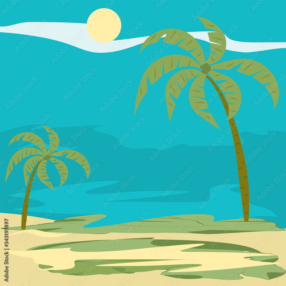 Seascape - coast, sea, palm trees - vector. Tourism. Travel Banner.