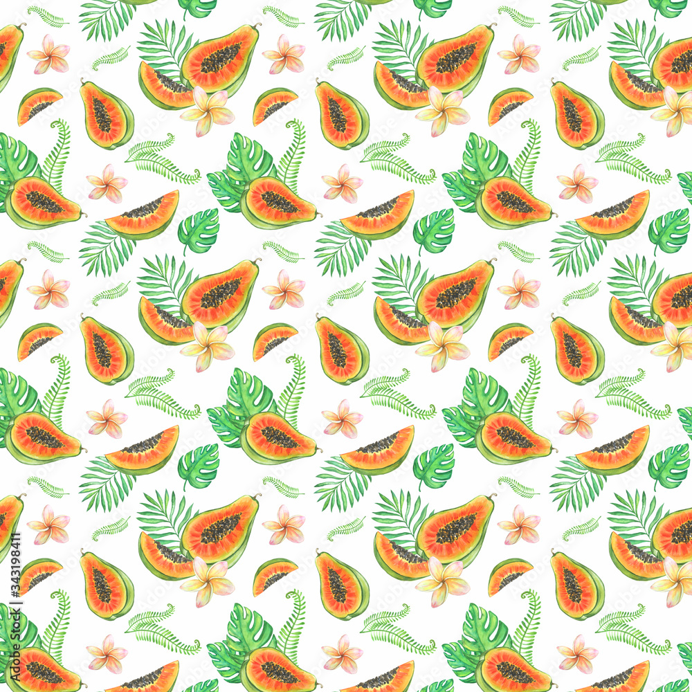 Watercolor exotic fruit seamless pattern. Hand drawn texture with papaya, mangosteen, coconut, pineapple and tropical flowers on white background. Summer wallpaper design Watercolor exotic fruit seamless pattern. Hand drawn texture with papaya, mangosteen, coconut, pineapple and tropical flowers on white background. Summer wallpaper design