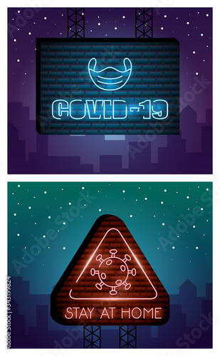 two covid19 neon lights icons