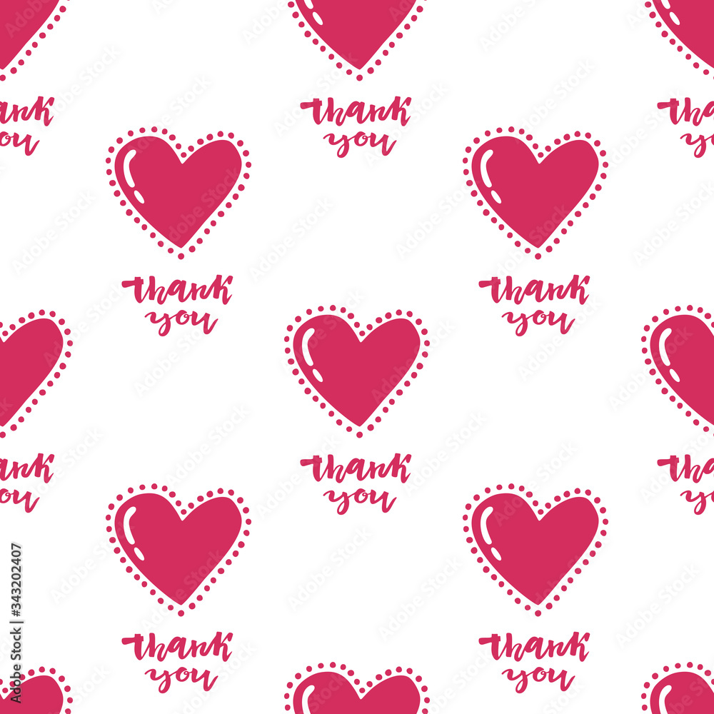 Seamless pattern with hand drawn hearts and thank you text. Doodle style. Design element for St. Valentine Day, wedding, romantic event, fabric swatch, wrapping papper.