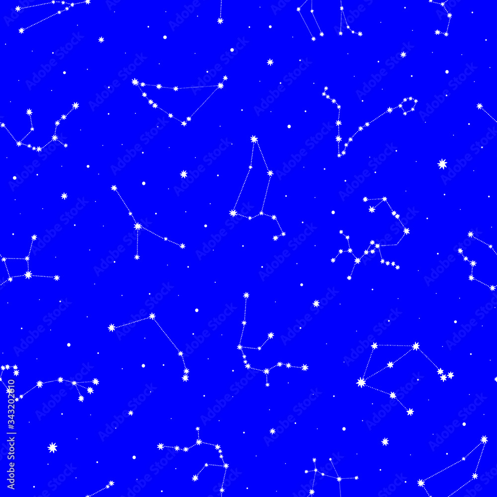 Seamless pattern with white zodiacal constellations on blue background. Zodiac signs. Space background.