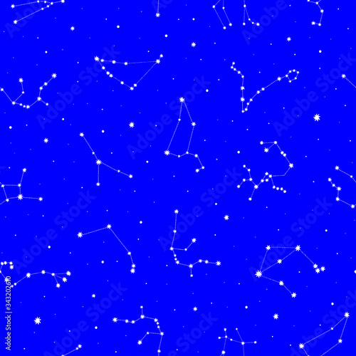 Seamless pattern with white zodiacal constellations on blue background. Zodiac signs. Space background.
