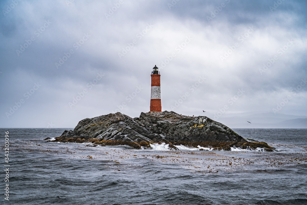 Les Eclaireurs Lighthouse aka the Lighthouse at the End of the World, in the Beagle Channel near Ushuaia, Tierra del Fuego, southern Argentina.