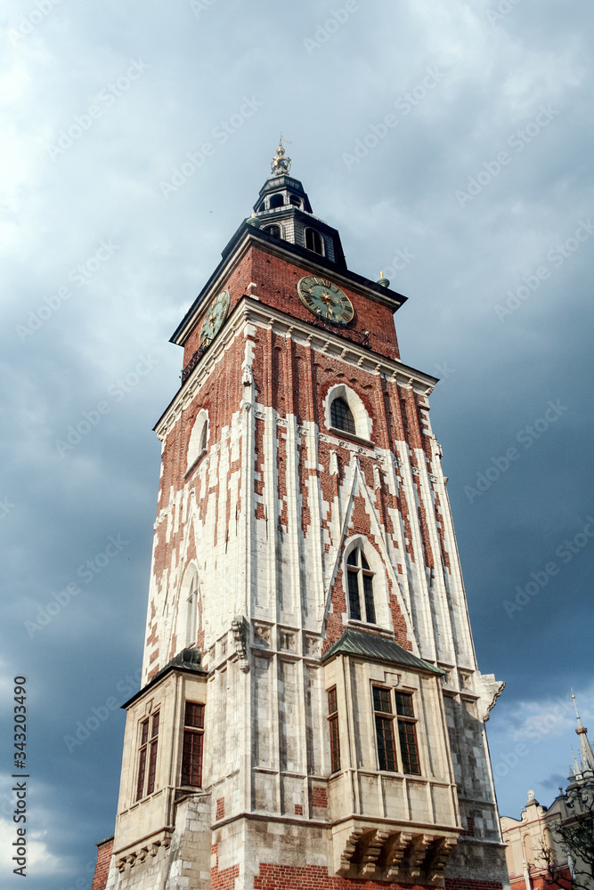 Town Hall Tower of Krakow, Poland, on a sunny day. Also called wieza ratuszowa w krakowie, it is a major landmark of the historical center of Krakow, Poland