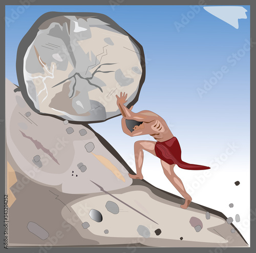 Bild auf Leinwand Sisyphus a muscular mythical man pushes a large rock uphill