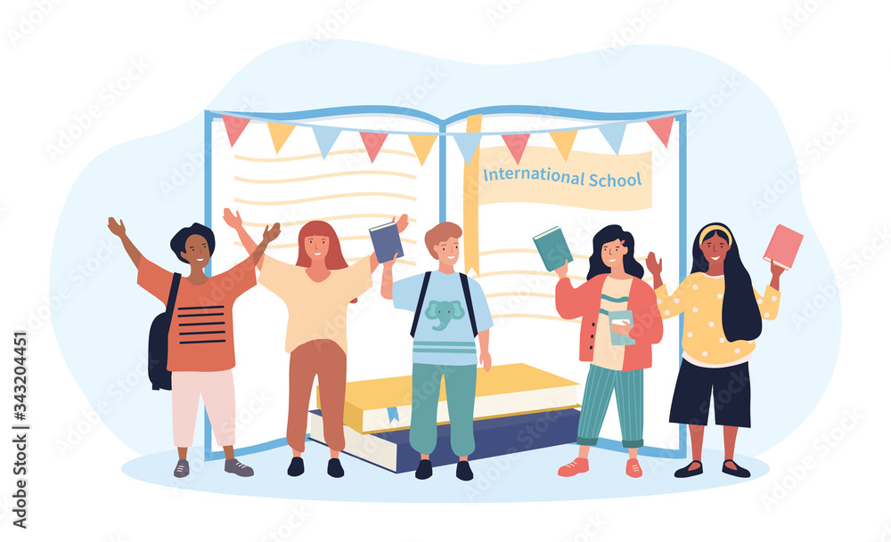 Obraz premium Happy group of multiracial students waving and cheering in front of an open book at an International School, colored vector illustration