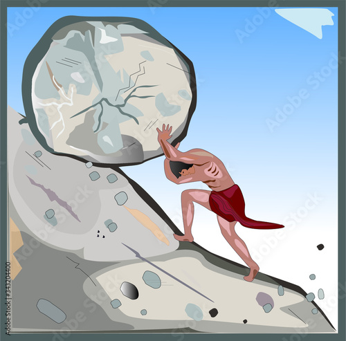 Sisyphus a muscular mythical man pushes a large rock uphill