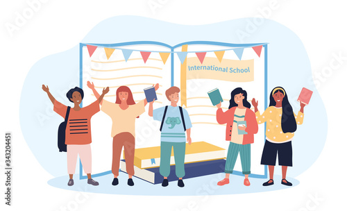 Happy group of multiracial students waving and cheering in front of an open book at an International School, colored vector illustration