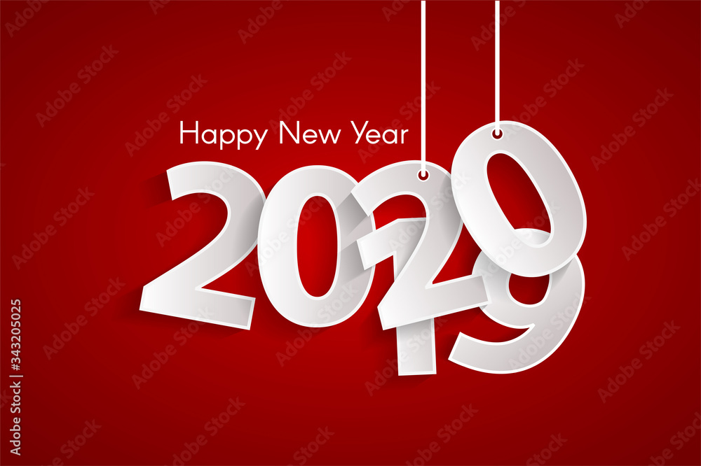 Red Happy New Year 2020 concept with paper cuted white numbers on ropes. Change year from 2019 to 2020. Origami style numbers. Christmas and Chinese New Year decor Red Happy New Year 2020 concept with paper cuted white numbers on ropes. Change year from 2019 to 2020. Origami style numbers. Christmas and Chinese New Year decor